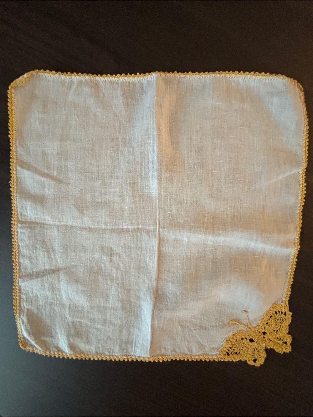 TWO Vintage Handkerchiefs inYellow - Crochet Butterfly Trim and Roses